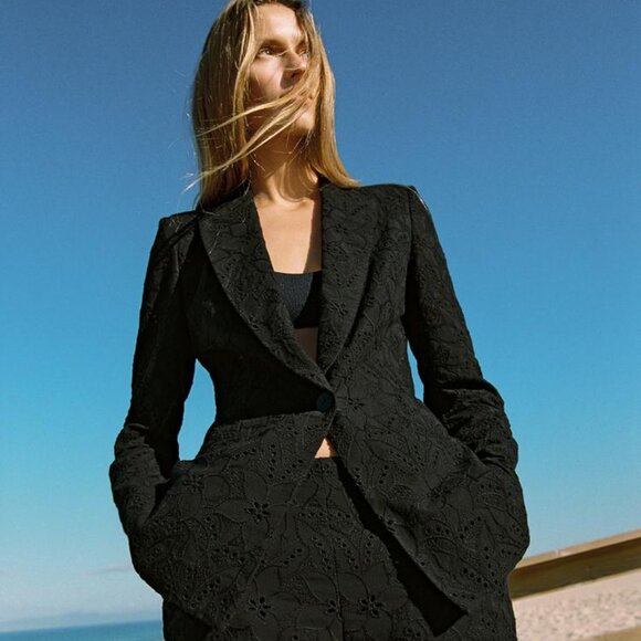 Zara Black Embroidered Eyelet Blazer Medium Organic Cotton Chic Elevated Basics - Picture 1 of 13